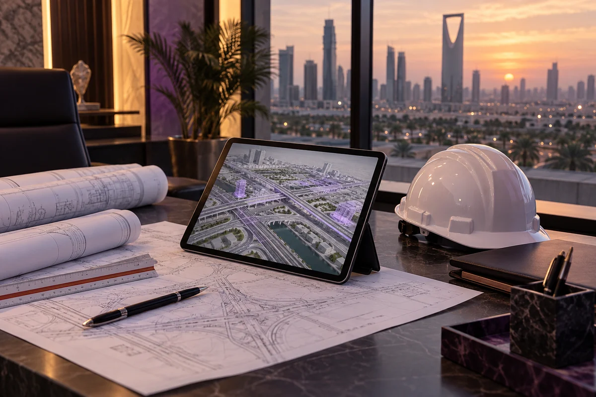 مخططات هندسية ونموذج بنية تحتية رقمي وخوذة سلامة