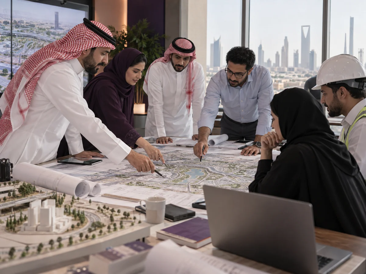 فريق استشاري متعدد التخصصات يراجع مخطط بنية تحتية
