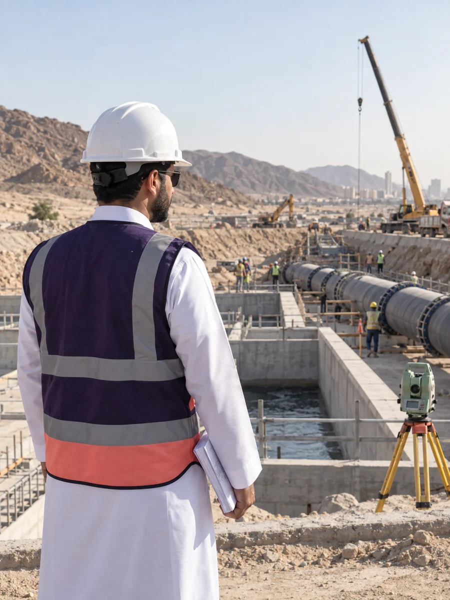 مهندس استشاري يعاين موقع أعمال مياه وبنية تحتية