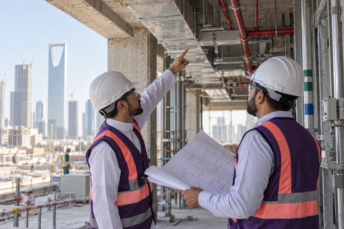 مهندسان يجريان فحص جودة للأعمال المنفذة